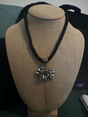 Vintage Bavarian Black Cord Necklace with Rhinestone Edelweiss Flower Pendant